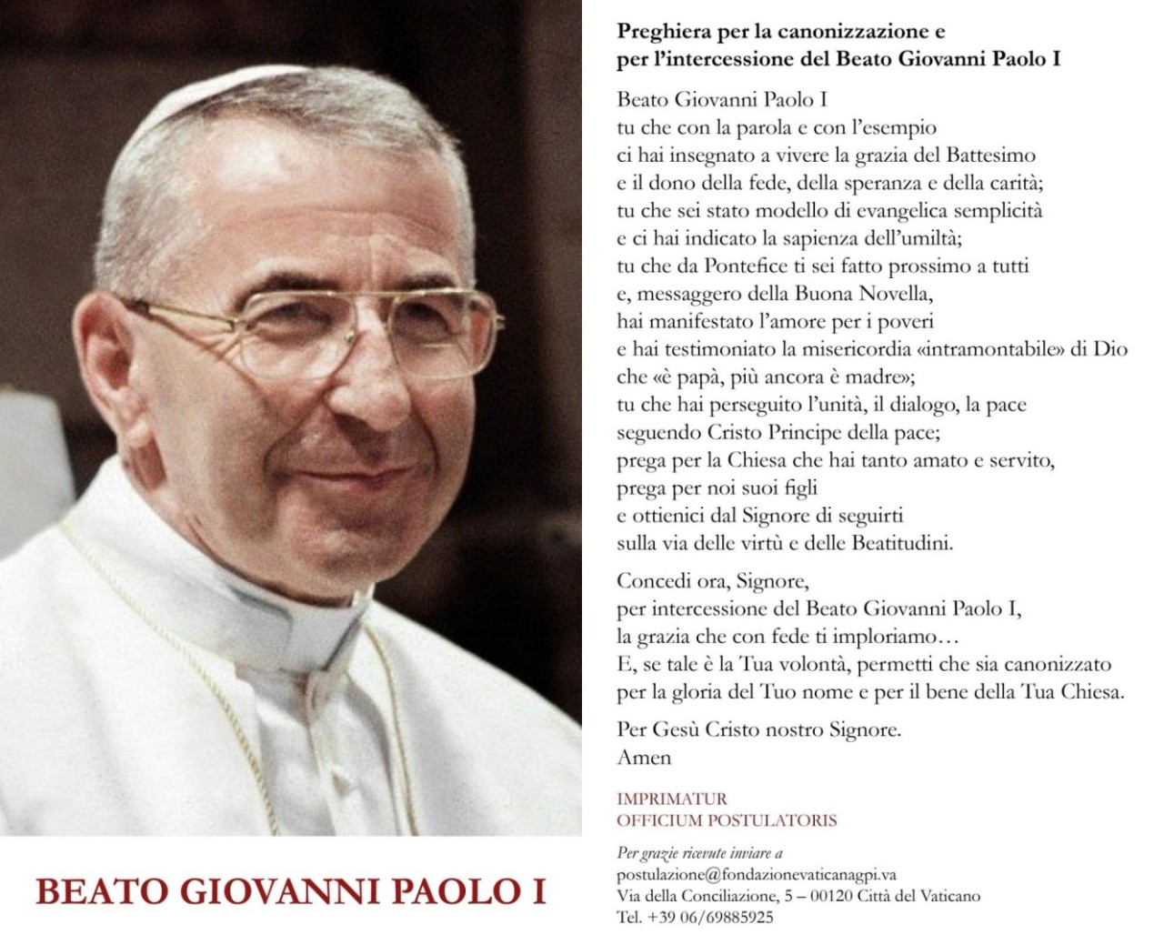 Preghiera per la canonizzazione e per l'intercessione del beato Giovanni Paolo I